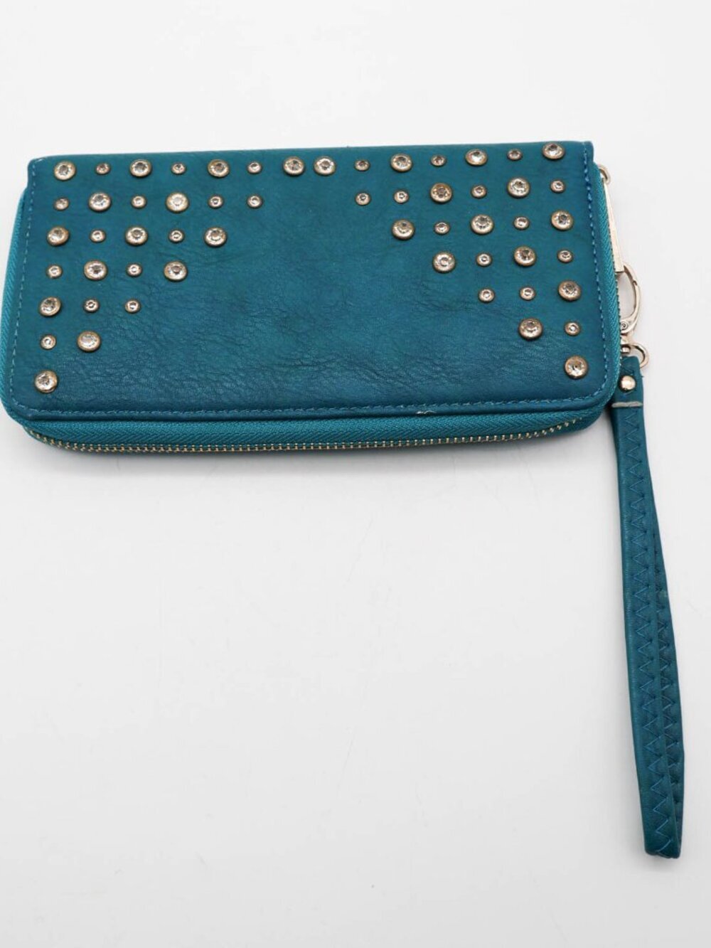 Imoshian Faux Leather Zip Around Wristlet Wallet Teal Rhinestones Organizer